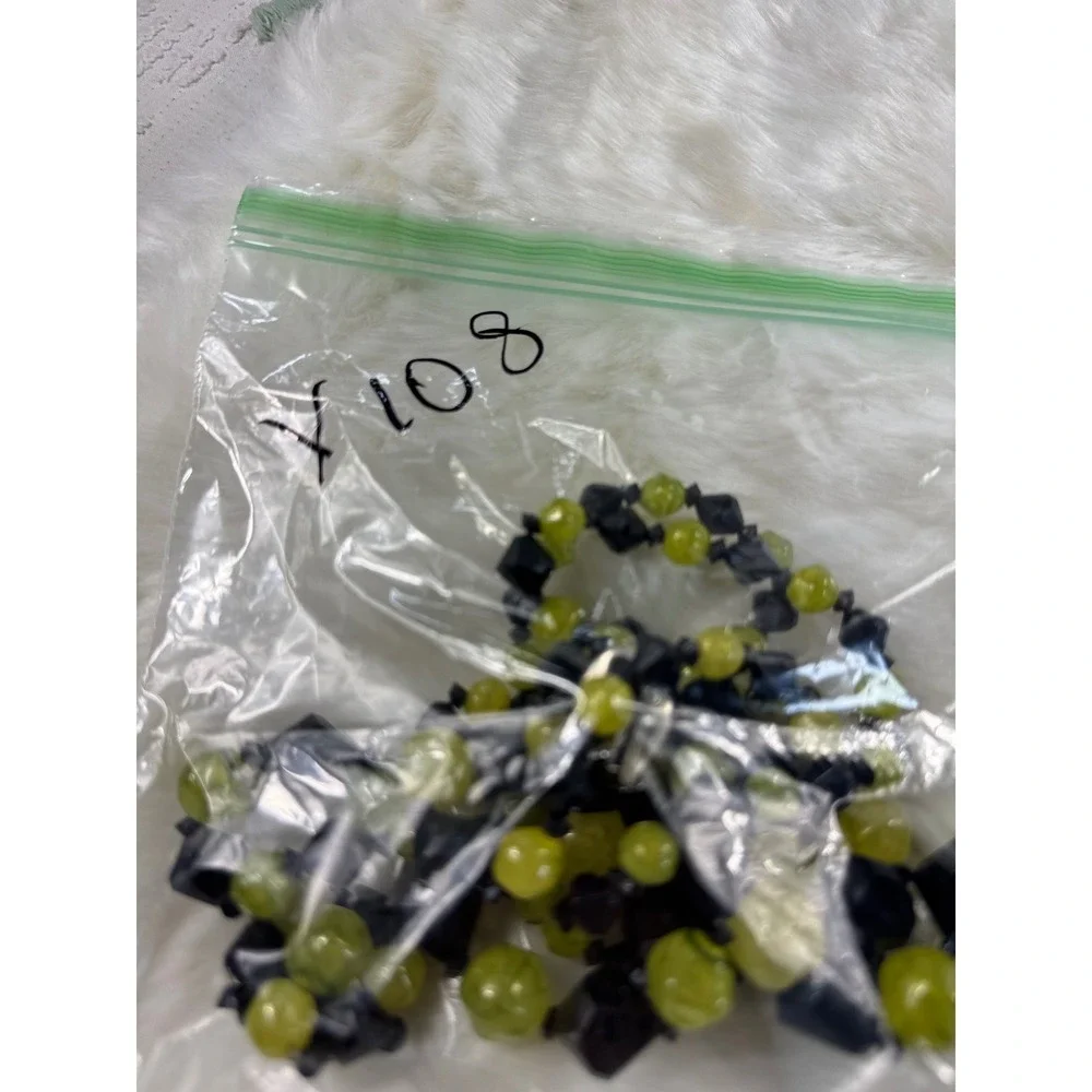 Vintage Hong Kong Lime Green Black Beaded 3‎ Strand Necklace Clip Earring Set